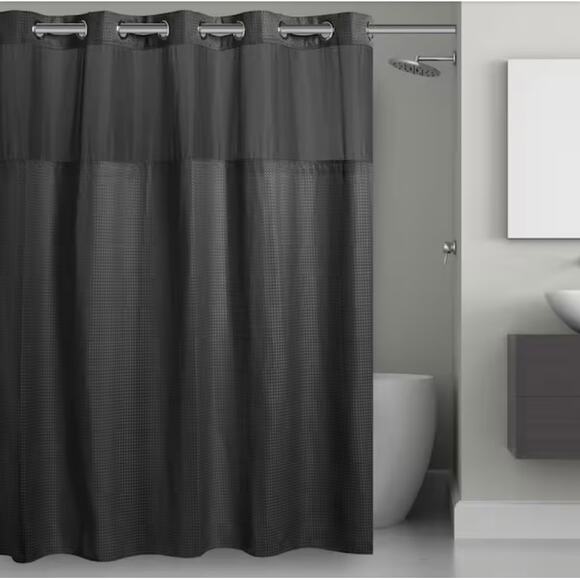 NWT - Hookless Waffle 71 in. W x 74 in. L Polyester Shower Curtain in Black - Picture 1 of 5